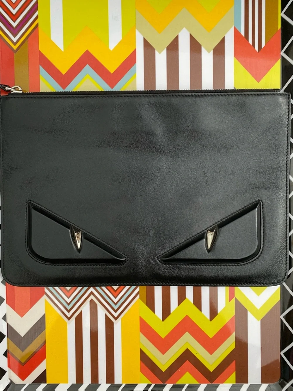 Fendi Black Leather Monster Clutch with Silver Eyes